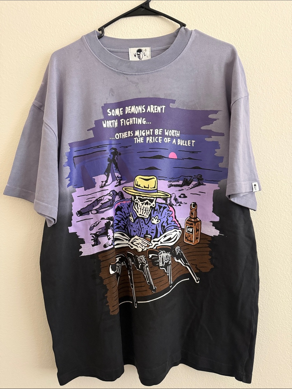 Two-Tone Purple & Black Graphic Short Sleeve Tee - Skeleton Rider
